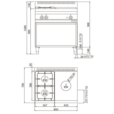 Cocina a Gas con Placa Fondo 70- 2 Fuegos 3.5 y 7 KW-G7T4P2FM