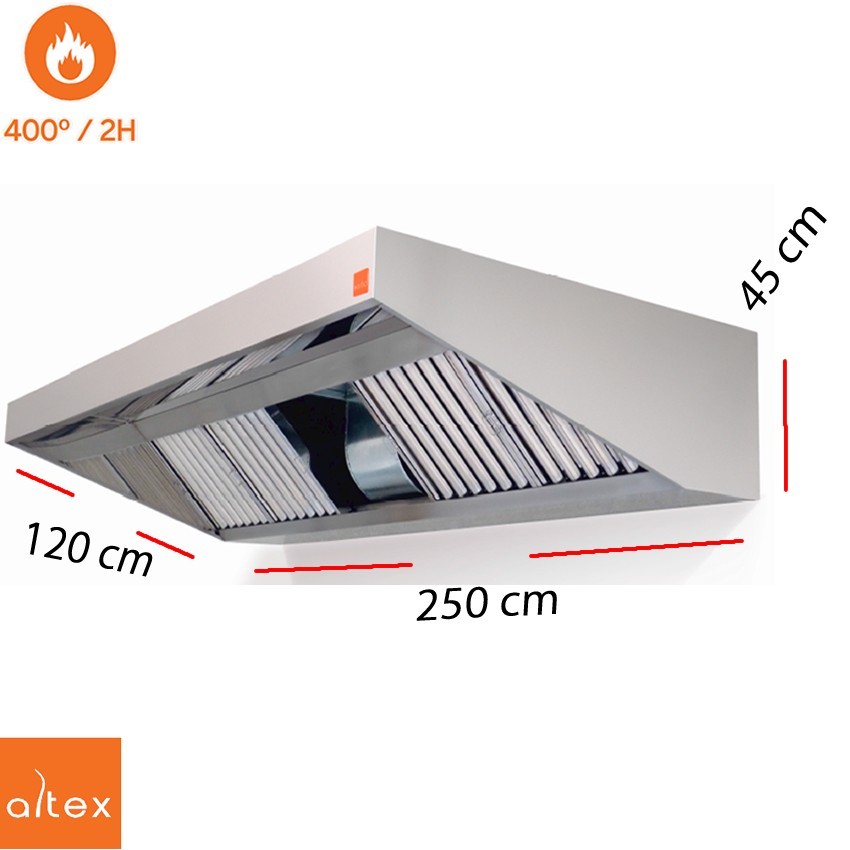Campana inox ECO PLUS  400º 2H 9/9 3/4 de 200 x 120 cm.