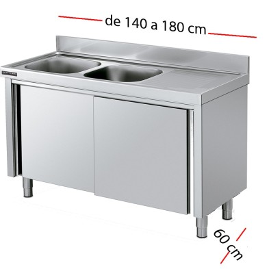 Fregadero inox  140 x 60 cm con puertas - 2 Cubetas esc Izda