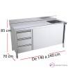 Mesa inox cubeta, cajones y puertas fondo 70