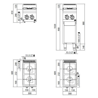 Cocina a Gas sobremesa 2 Fuegos 2x 9.5 Kw. industrial