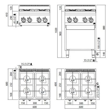 Cocina a Gas ECO sobremesa 4 Fuegos 19 Kw. industrial