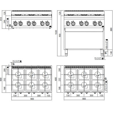 Cocina a Gas ECO sobremesa 4 Fuegos 19 Kw. industrial