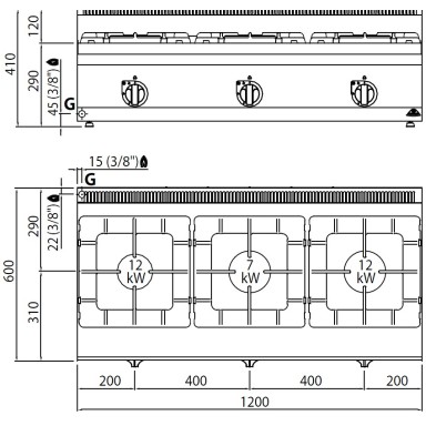 Cocina a Gas sobremesa 3 Fuegos 31 Kw. industrial