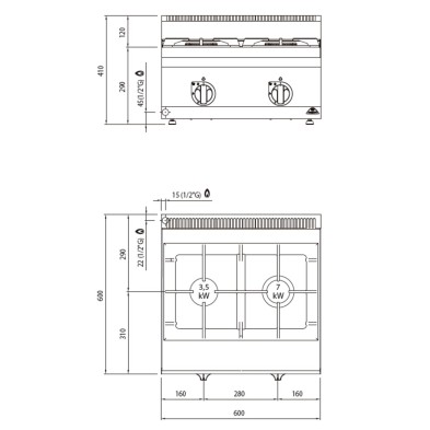Cocina a Gas sobremesa 2 Fuegos 10.5 Kw. industrial