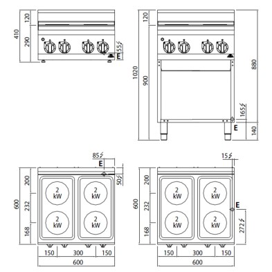 Cocina Electrica + Horno 4 Fuegos 11 Kw. industrial