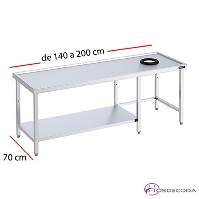Mesa de prelavado con aro, marco de refuerzo y estante parcial desde 140 a 200 cm x 70 cm