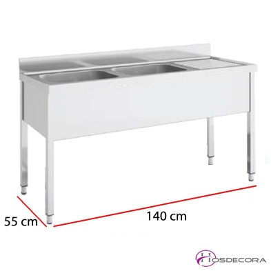 Fregadero industrial con bastidor de 140 cm x 55 cm - 2 Cubetas