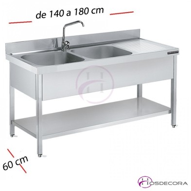 Fregadero inox  140 x 60 cm con estante - 1 Cubeta esc Dcha