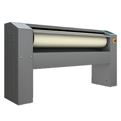 Planchadora automática profesional, entrada y salida de ropa parte delantera.