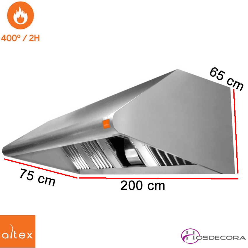 Campana inox Monoblock 400º 2H 9/9 3/4 de 200 x 75 cm.