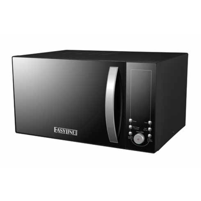 Horno microondas con controles digitales y plataforma giratoria.