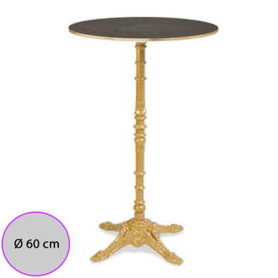 Mesa para bar alta con estructura dorada y tablero marmol  con reborde dorado.
