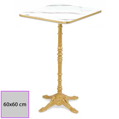 Mesa dorada alta con estructura dorada y tablero marmol