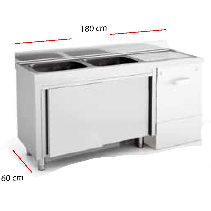 Fregadero inox para lavavajillas cerrado 180 x 60 cm -2 pozas