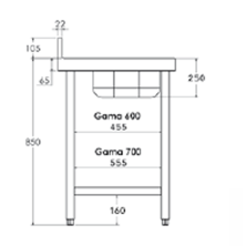 Mesa mural con cubeta central y perfil salvaaguas desde 160  cm x fondo 70 cm