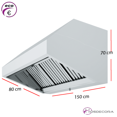 Campana inox para cocina industrial de 150 x 80 cm de profundidad