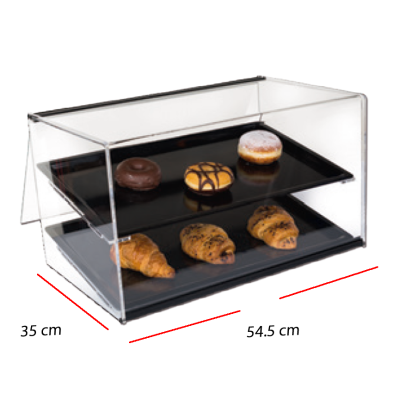 Expositor de pasteles en metacrilato con puerta abatible.