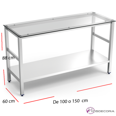 Mesa de Acero inox con encimera de Cristal traslucido