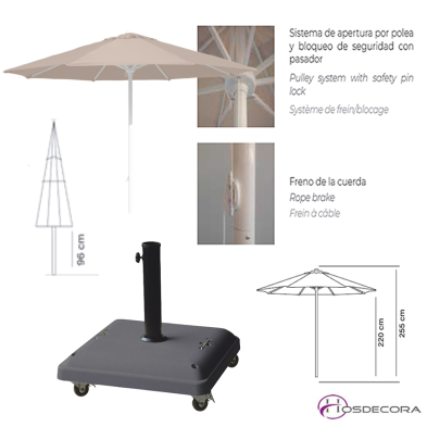 Parasol redondo con sistema de apertura por polea
