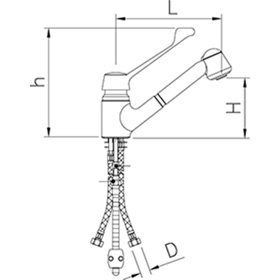 Grifo de sobremesa, monomando codo, 2 aguas y ducha extensible