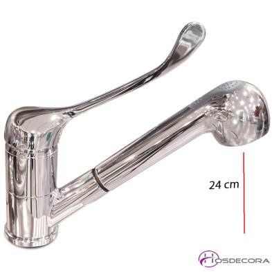 Grifo de sobremesa, monomando codo, 2 aguas y ducha extensible