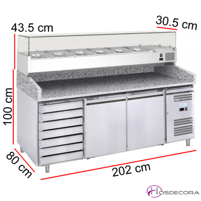 Mesa fría con vitrina, 2 puertas y 7 cajones