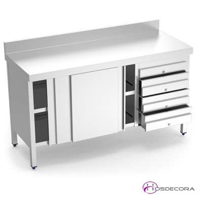 Mesa de acero con puertas correderas y 4 cajones 074452
