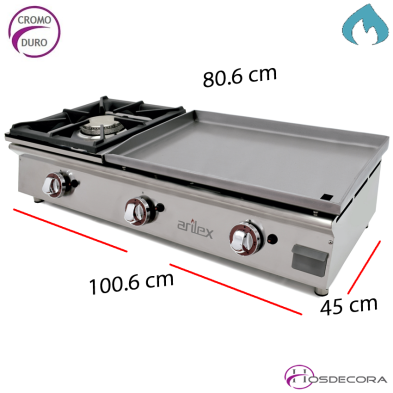 Plancha a gas con fogón y placa CROMO de 15 mm espesor. 100PGCFN