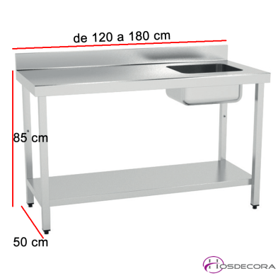 Mesa inox con cubeta, estante y peto Fondo 50 cm IDX5112D+