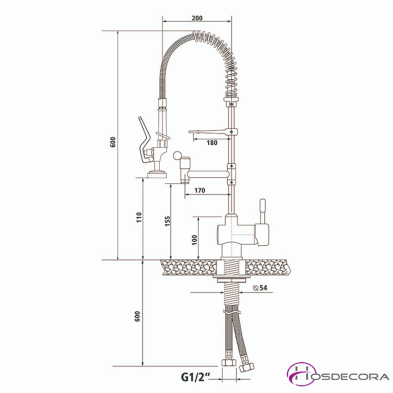 Grifo ducha monomando dos aguas Altura 60cm 50-GDM2C60S1
