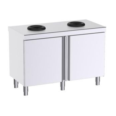 Mesa acero con puertas y orificios para la clasificación de residuos.