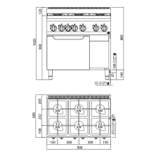 Cocina de Gas 6 Fuegos 6 y 3.5 kw Horno 3.5 Kw. 03-G6F6PW+FG1