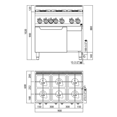 Cocina de Gas 6 Fuegos 6 y 3.5 kw Horno 3.5 Kw. 03-G6F6PW+FG1