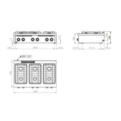 Cocina a Gas de Encimera 6 Fuegos 6 y 3.5 Kw Fondo 75 cm 09-CB6F750S