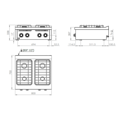 Cocina a Gas de Encimera 4 Fuegos 7.5 y 5.5 Kw Fondo 75 cm 09-CB4F750S