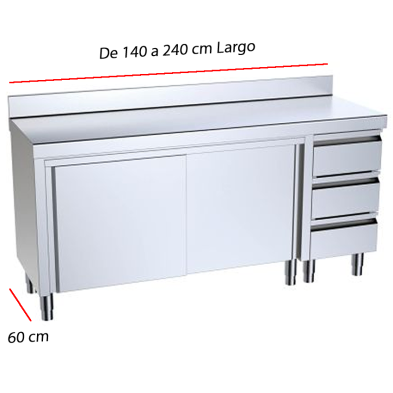 Mesa de trabajo mural con puertas correderas y cajones en la derecha.