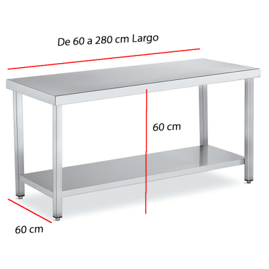 Mesa BAJA Inox con Estante Fondo 60 cm. Desde 60 a 280 cm