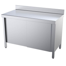 Mesa de trabajo cocina almacenamiento con puertas correderas.