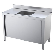 Mesa de acero con cubeta central y puertas correderas