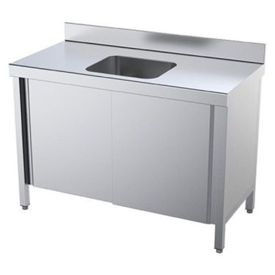 Mesa de acero con cubeta central y puertas correderas