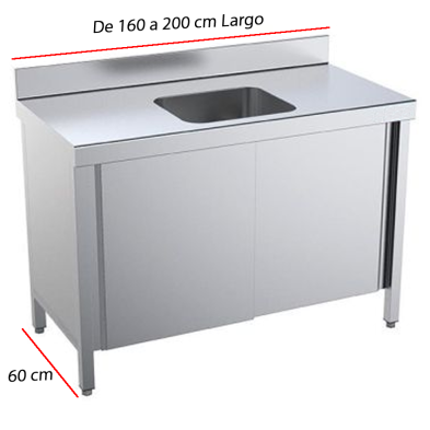 Mesa de acero con cubeta central y puertas correderas