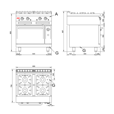 Cocina con Horno a Gas 4 Fuegos 34.6 Kw.