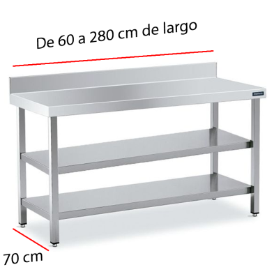 Mesa de acero mural con 2 estantes fondo 70 cm
