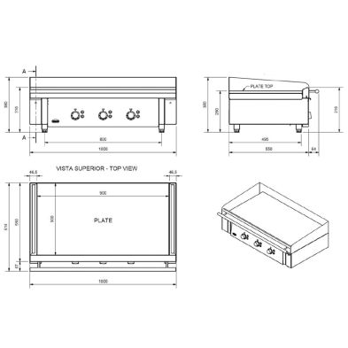 Plancha para cocinas profesionales  100x 55- 12 Kw.