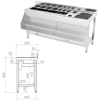 Mesa de coctelería con fregadero y desbarazado. 66-IDM89012+