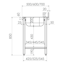 Mesa inox con cubeta, estante y peto Fondo 50 cm IDX5112D+