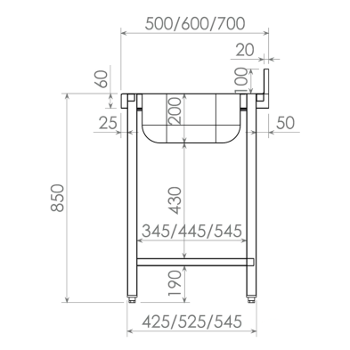 Mesa inox con cubeta, estante y peto Fondo 50 cm IDX5112D+