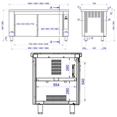 Mesa caliente pasante inox fondo 70 cm