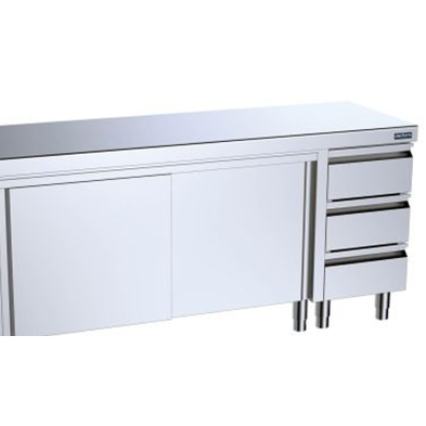 Mesa platero para cocinas en acero inox con puerta y cajones para utensilios